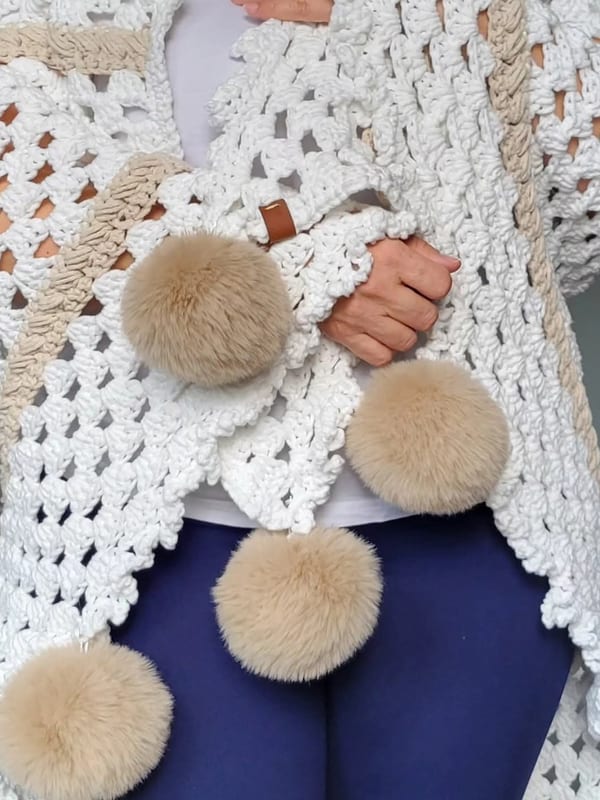 Heirloom Shell-Pattern Wrap with Pom-Poms